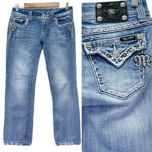 Miss Me Cropped Jeans Straight Leg Mid Light Wash Y2K Back Flap Jeans Size 27